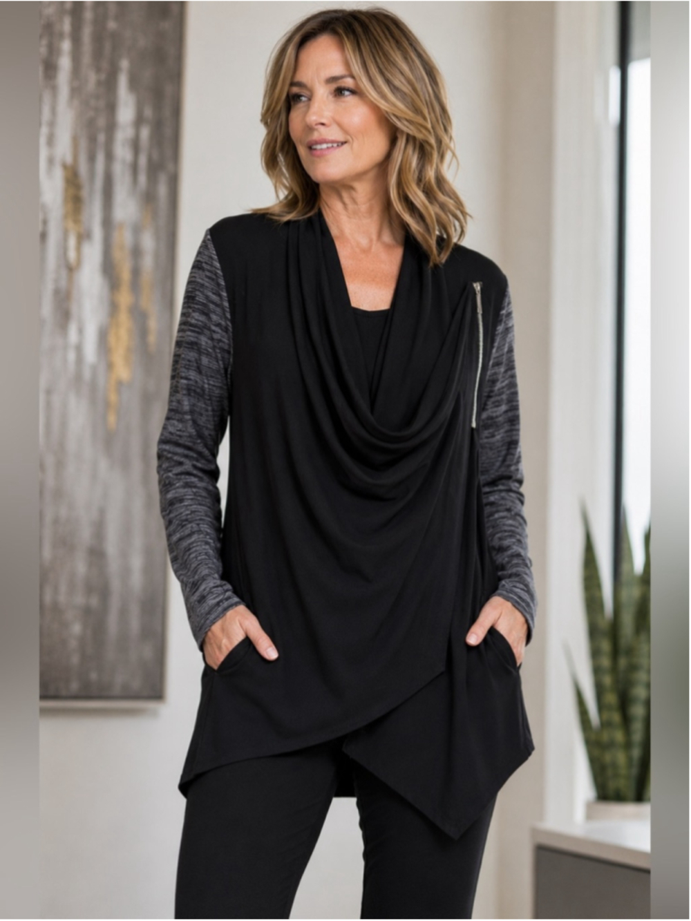 Sympli Black Draped Front Tunic Top with Heather Gray Sleeves Size 10 Pockets